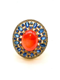 Bochic “Orient” Orange Opal, Kyanite & Diamond Ring Set In 18K Gold & Silver