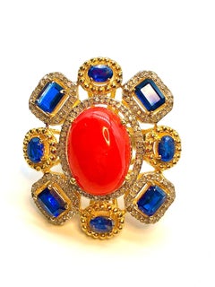 Bochic “Orient” Orange Opal, Kyanite & Diamond Ring Set In 18K Gold & Silver