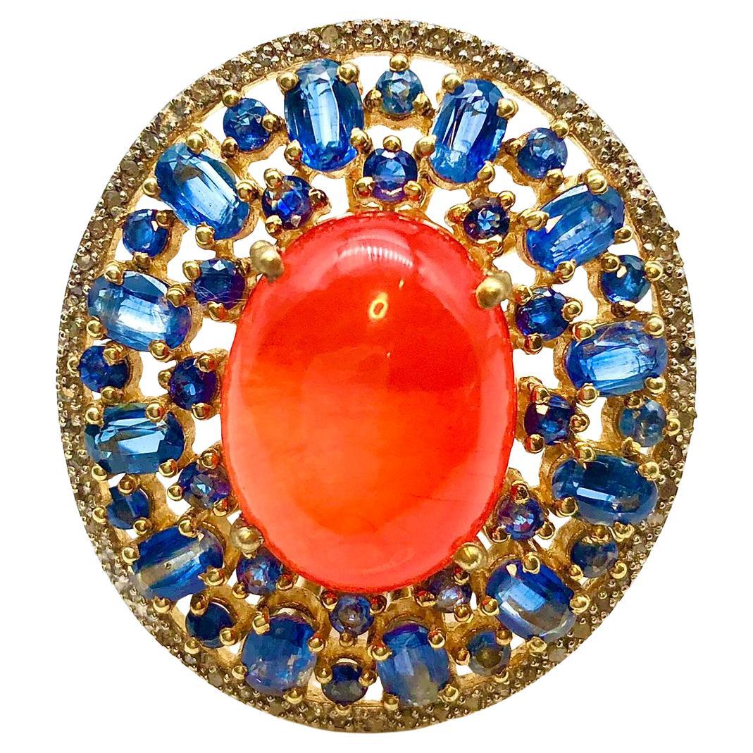 Bochic “Orient” Orange Opal, Kyanite & Diamond Ring Set In 18K Gold & Silver