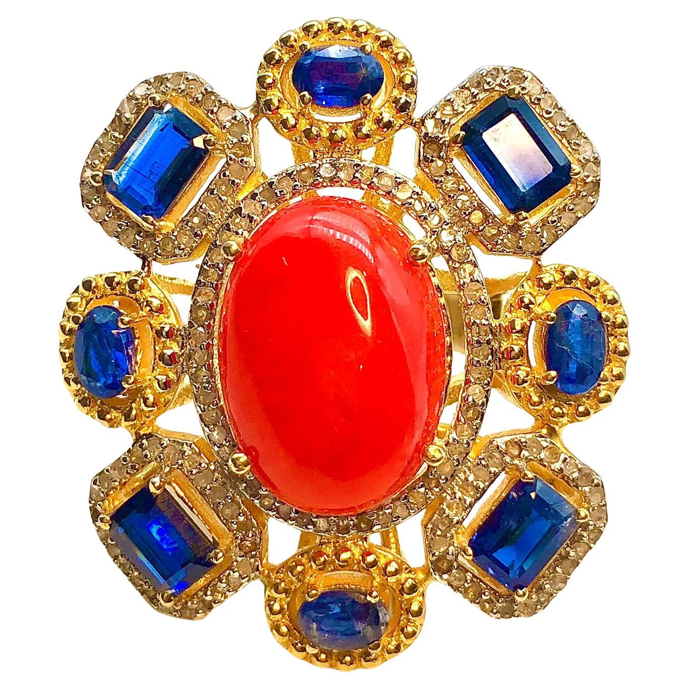 Anello Bochic "Orient" con opale arancione, kianite e diamanti incastonati in oro e argento 18 carati