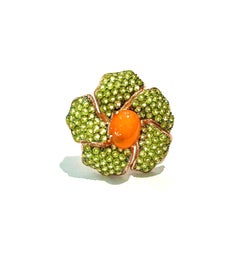 Bochic “Orient” Orange Opal & Multi Peridot Cocktail Ring Set 18K Gold&Silver