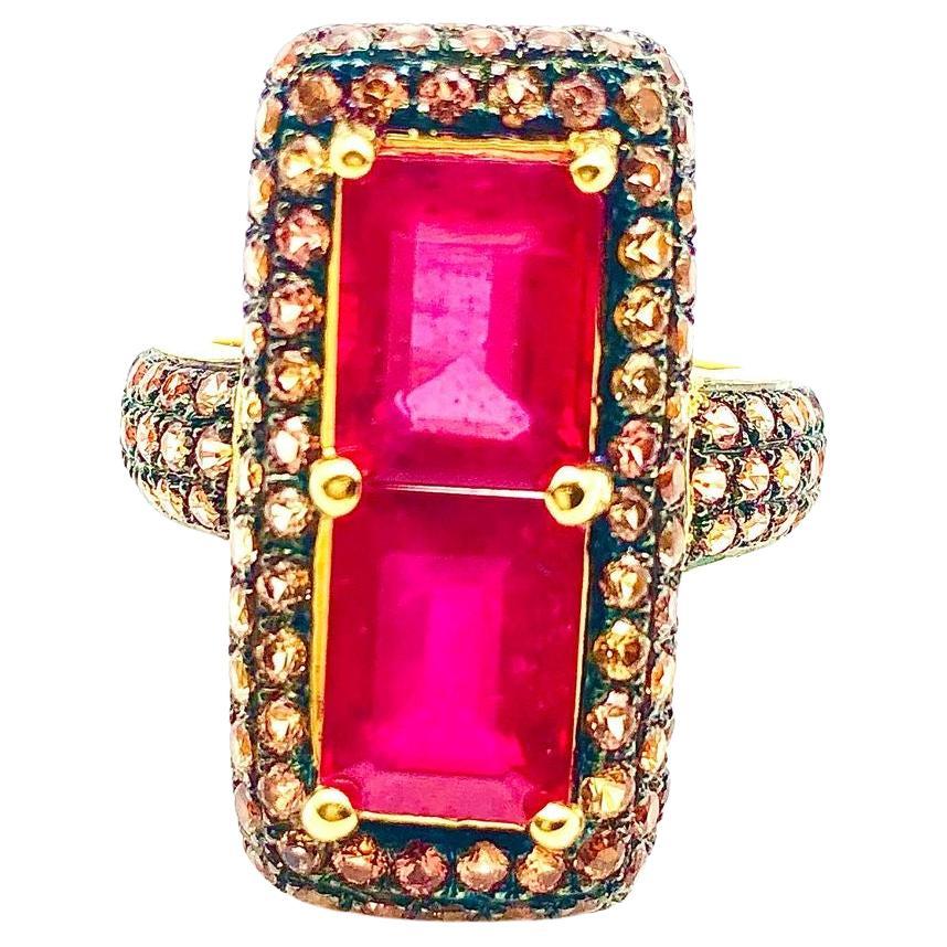 Bochic “Orient” Orange Sapphire & Ruby Cocktail Ring Set In 18K Gold & Silver