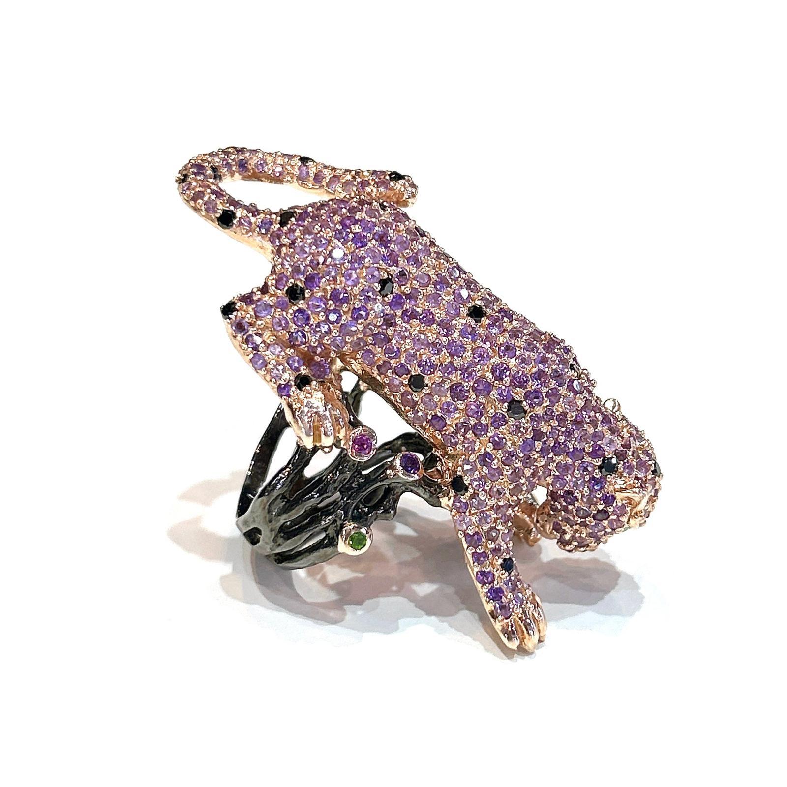 Neoclassical Bochic “Orient” Panthere Amethyst & Sapphire Ring Set In 18K Gold & Silver