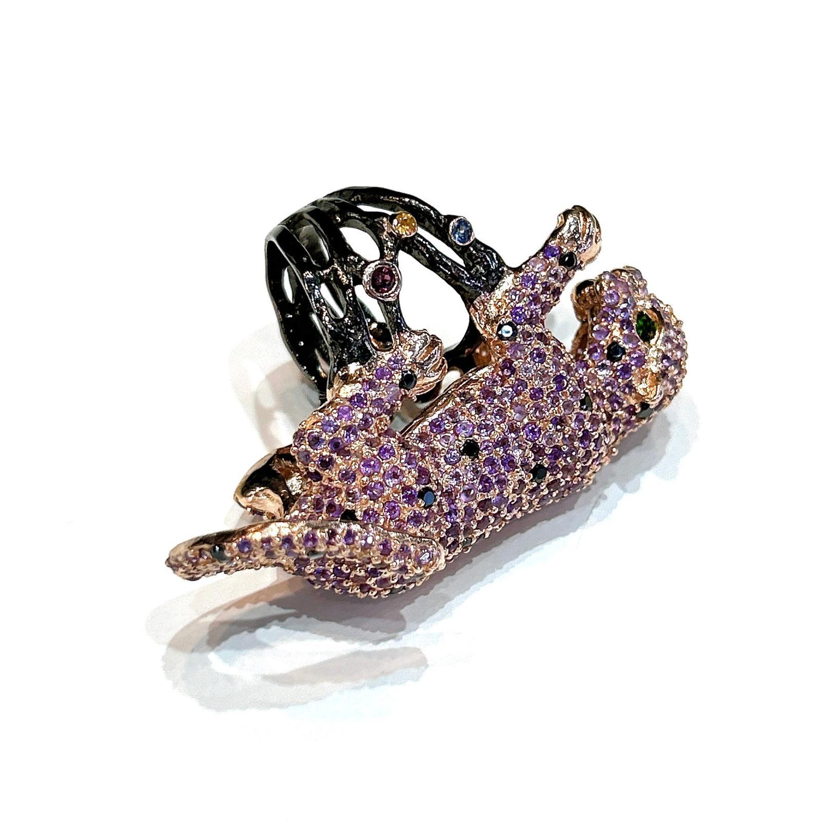 Brilliant Cut Bochic “Orient” Panthere Amethyst & Sapphire Ring Set In 18K Gold & Silver