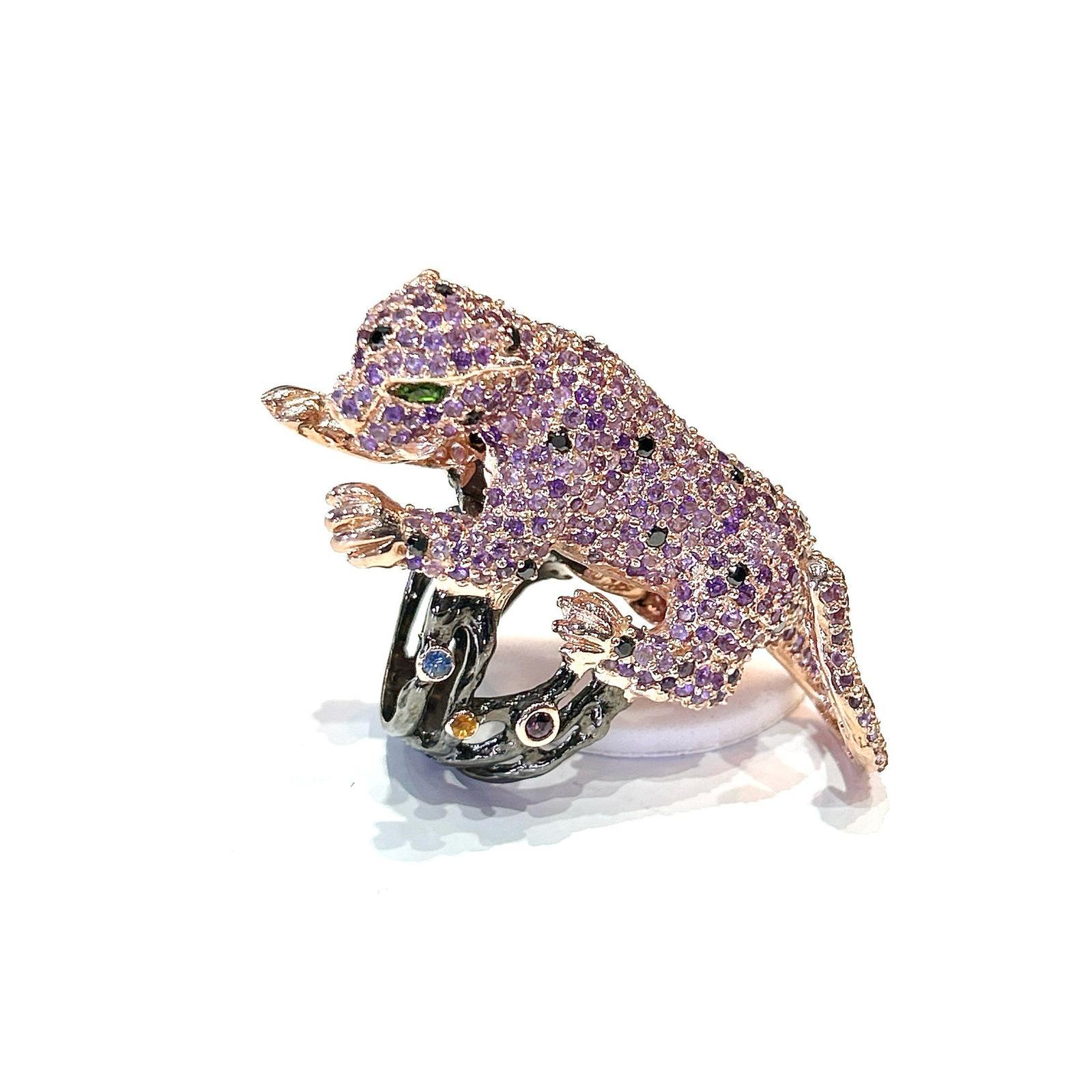 Women's or Men's Bochic “Orient” Panthere Amethyst & Sapphire Ring Set In 18K Gold & Silver