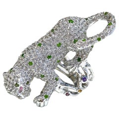 Bochic “Orient” Panthere Emerald & Sapphire Ring Set In 18K White Gold & Silver