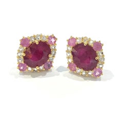 Bochic “Orient” Vintage Pastel & Red Rubies Earrings Set In 18K Gold & Silver