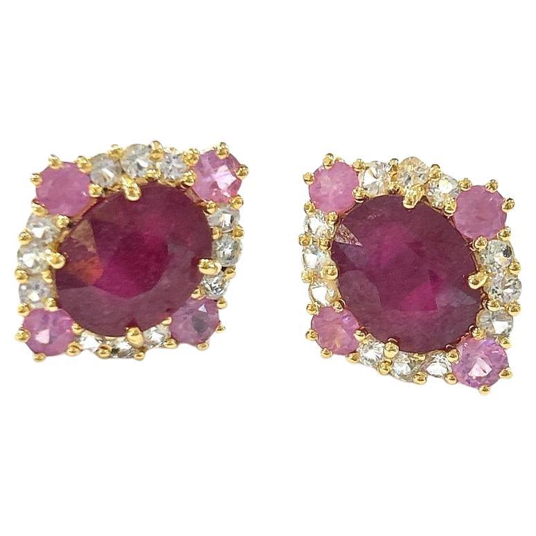 Bochic Orient Boucles d'oreilles rubis rouge et pastel en or 18 carats et argent  en vente
