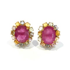 Bochic “Orient” Pastel Sapphires & Red Rubies Earrings Set In 18K Gold & Silver