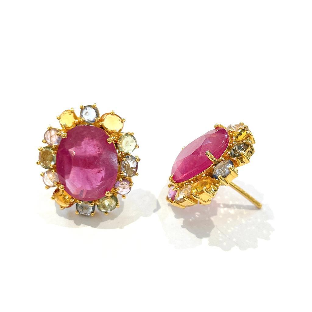 Belle Époque Bochic “Orient” Pastel Sapphires & Red Rubies Earrings Set In 18K Gold & Silver For Sale