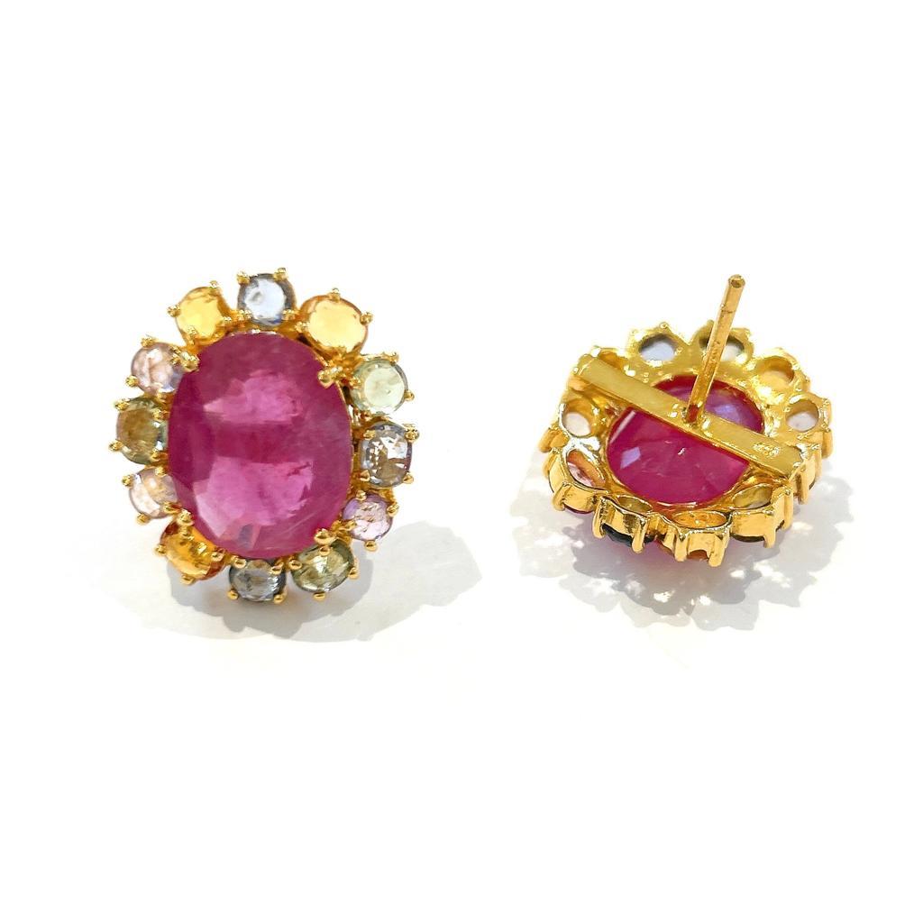 Rose Cut Bochic “Orient” Pastel Sapphires & Red Rubies Earrings Set In 18K Gold & Silver For Sale