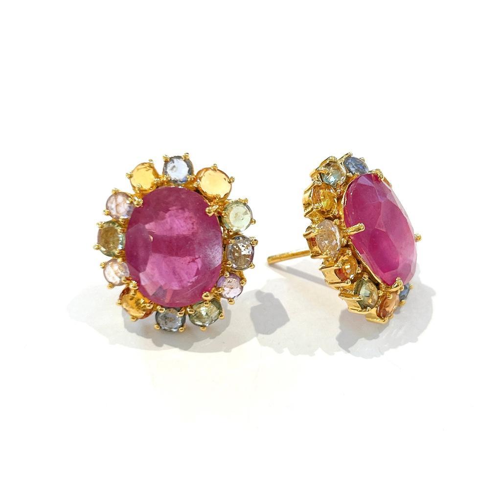 Bochic “Orient” Pastel Sapphires & Red Rubies Earrings Set In 18K Gold & Silver In New Condition For Sale In New York, NY