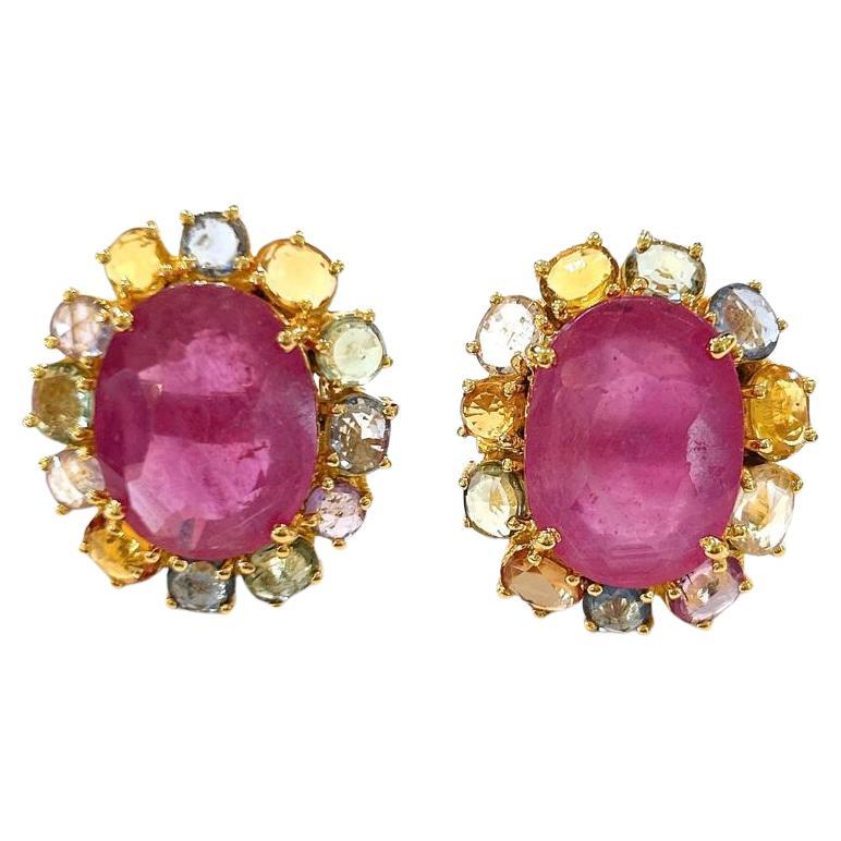 Bochic “Orient” Pastel Sapphires & Red Rubies Earrings Set In 18K Gold & Silver 