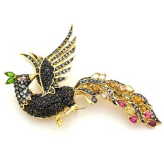 Bochic “Orient” Peacock Ruby & Multi Sapphires Brooch Set 18K Gold & Silver