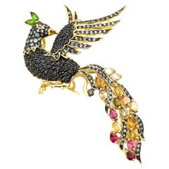 Bochic “Orient” Peacock Ruby & Multi Sapphires Brooch Set 18K Gold & Silver