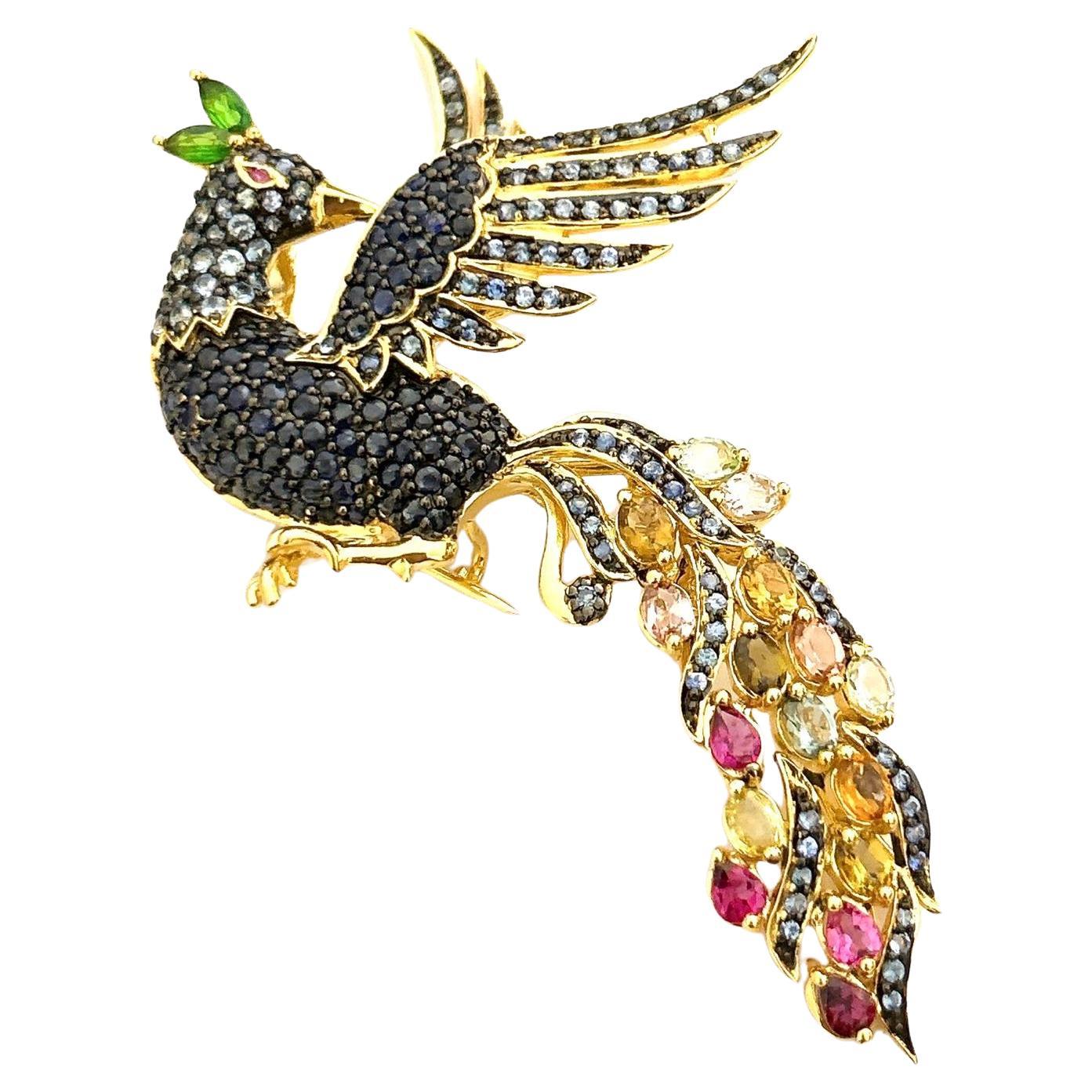 Bochic “Orient” Peacock Ruby & Multi Sapphires Brooch Set 18K Gold & Silver