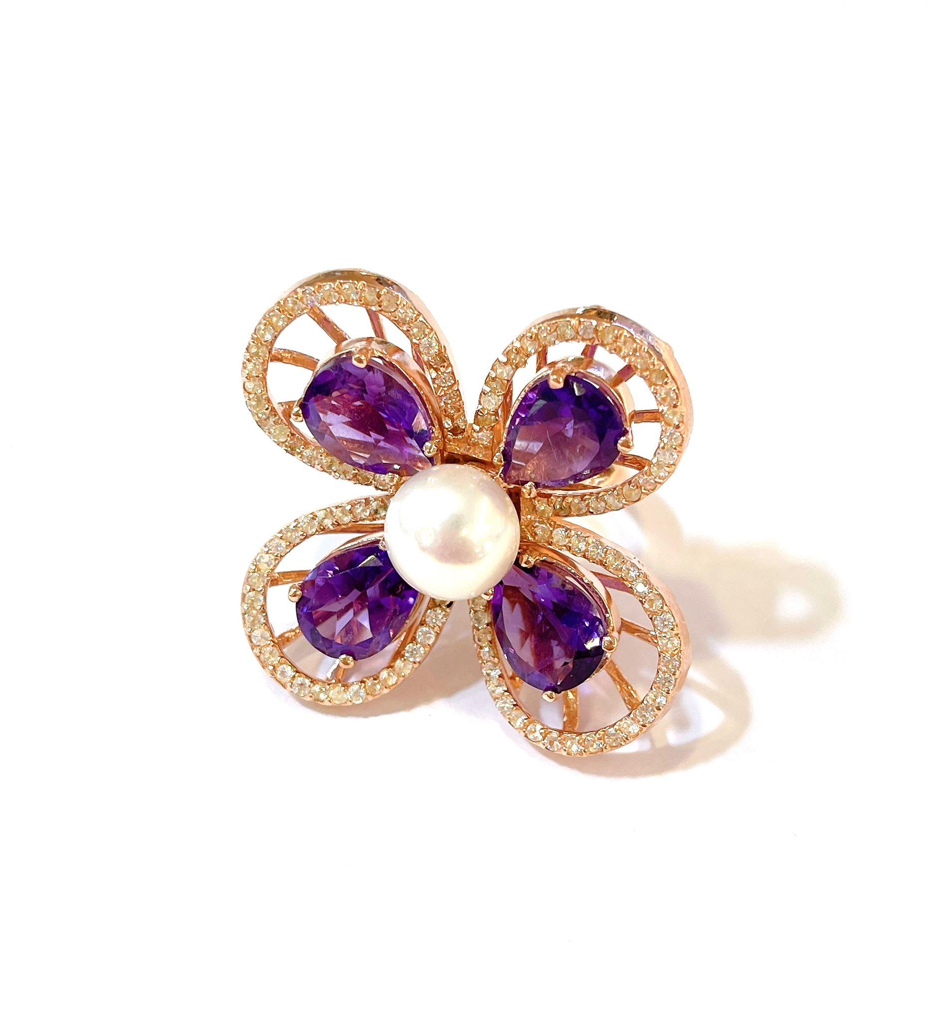 Bochic “Orient” Pearl Amethyst & Multi Gem Cocktail Ring In 18K Gold & Silver For Sale 1