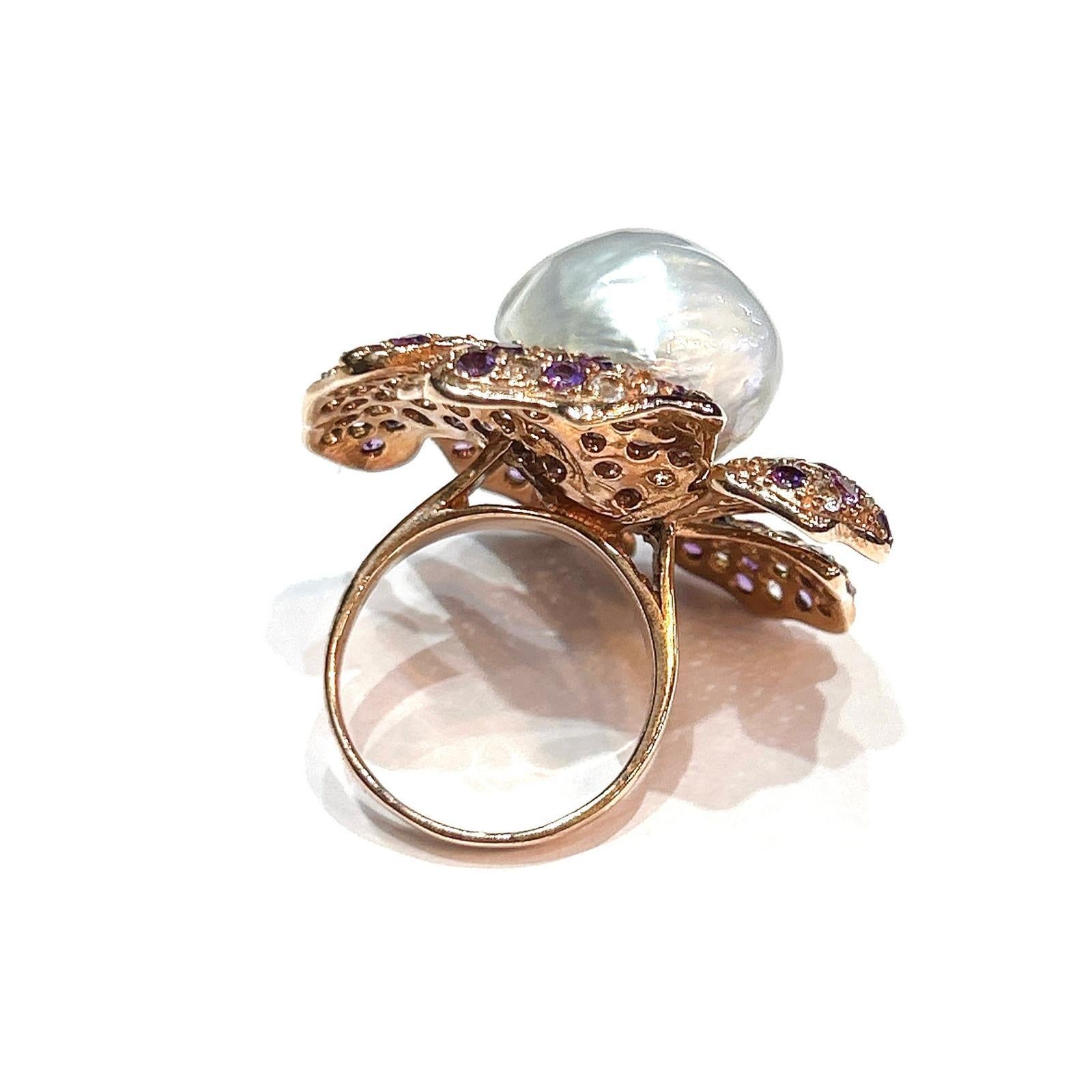 Bochic “Orient” Pearl & Amethyst Rose Cut Sapphire and White Topaz Ring Set 18K Gold & Silver 

Natural Amethyst  - 2.50  carats 
Natural White Topaz -  2 carats
White South Sea Pearl with Pink tone

This Ring is from the 