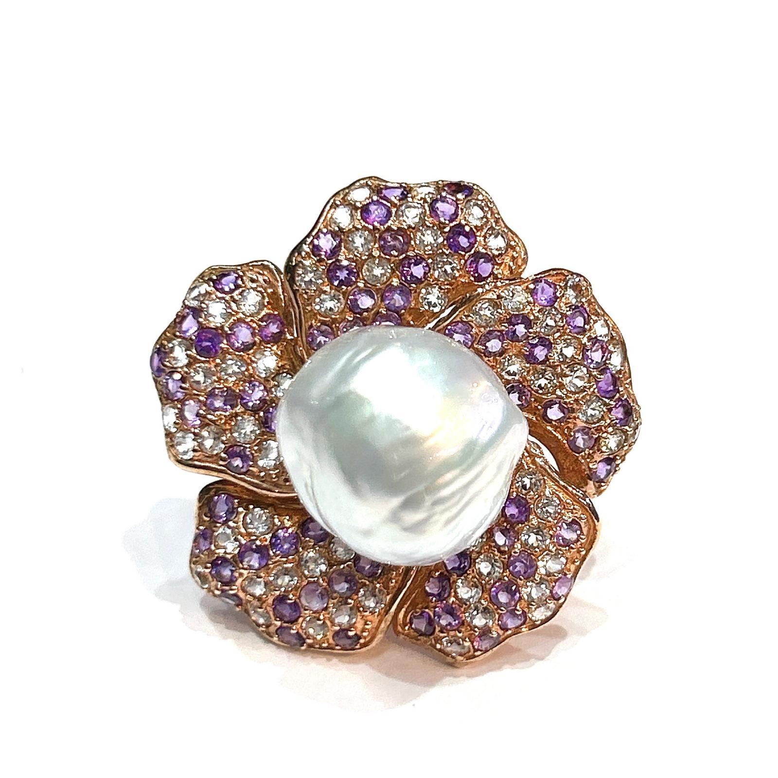 Belle Époque Bochic “Orient” Pearl & Amethyst Rose Cut Sapphire Ring Set 18K Gold & Silver For Sale
