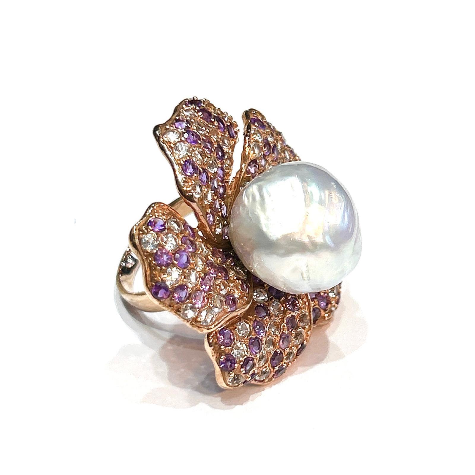 Bochic “Orient” Pearl & Amethyst Rose Cut Sapphire Ring Set 18K Gold & Silver For Sale 1