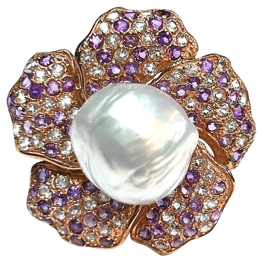 Anillo Bochic "Orient" Perla y amatista Zafiro talla rosa Oro de 18 quilates y plata