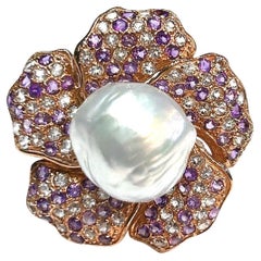 Bochic “Orient” Pearl & Amethyst Rose Cut Sapphire Ring Set 18K Gold & Silver
