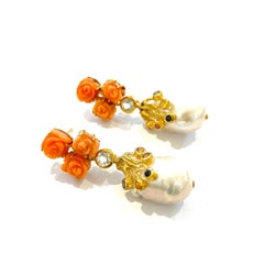 Bochic “Orient” Vintage Pearl, Coral & Sapphire Earrings - 18K Gold & Silver