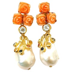 Bochic “Orient” Pearl, Coral & Fancy Sapphire Earrings Set In 18K Gold & Silver