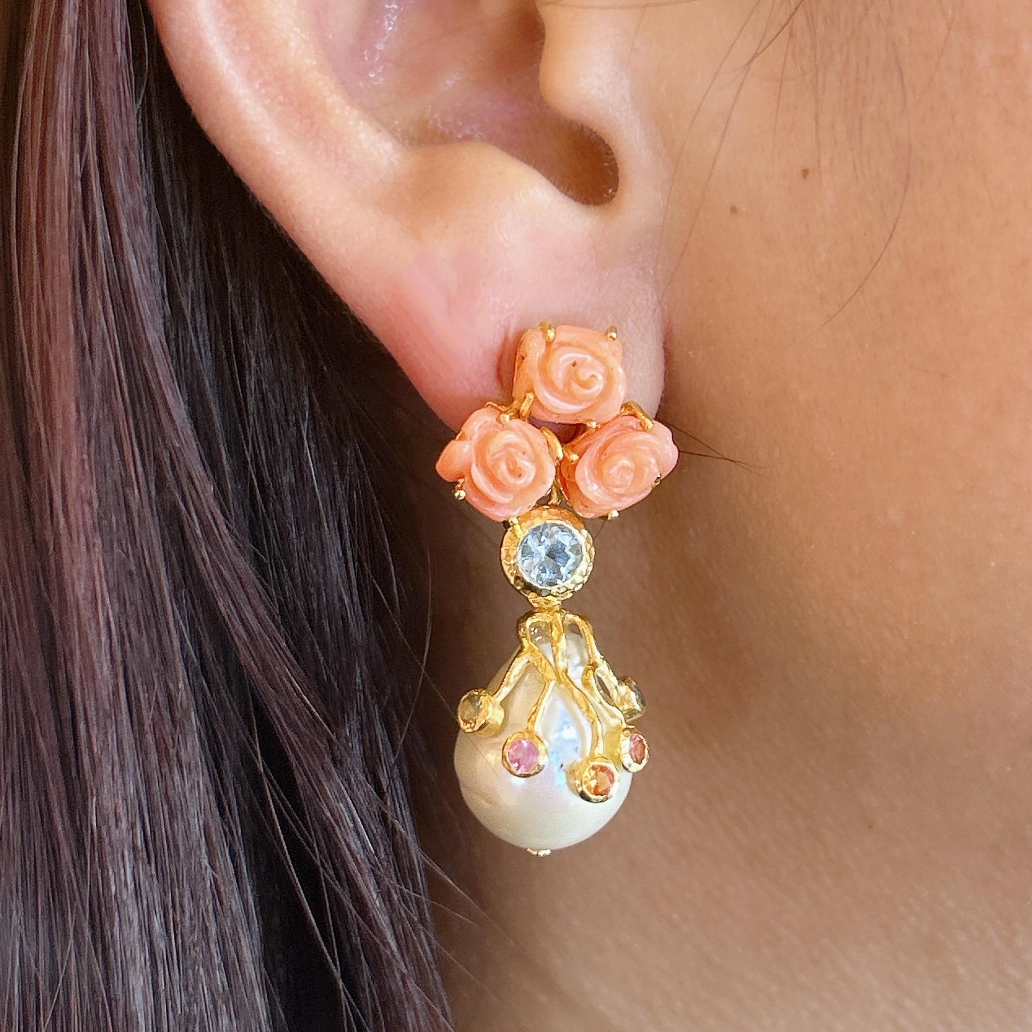 Bochic “Orient” Pearl, Coral & Multi Fancy Sapphire Earrings Set 18KGold&Silver For Sale 4