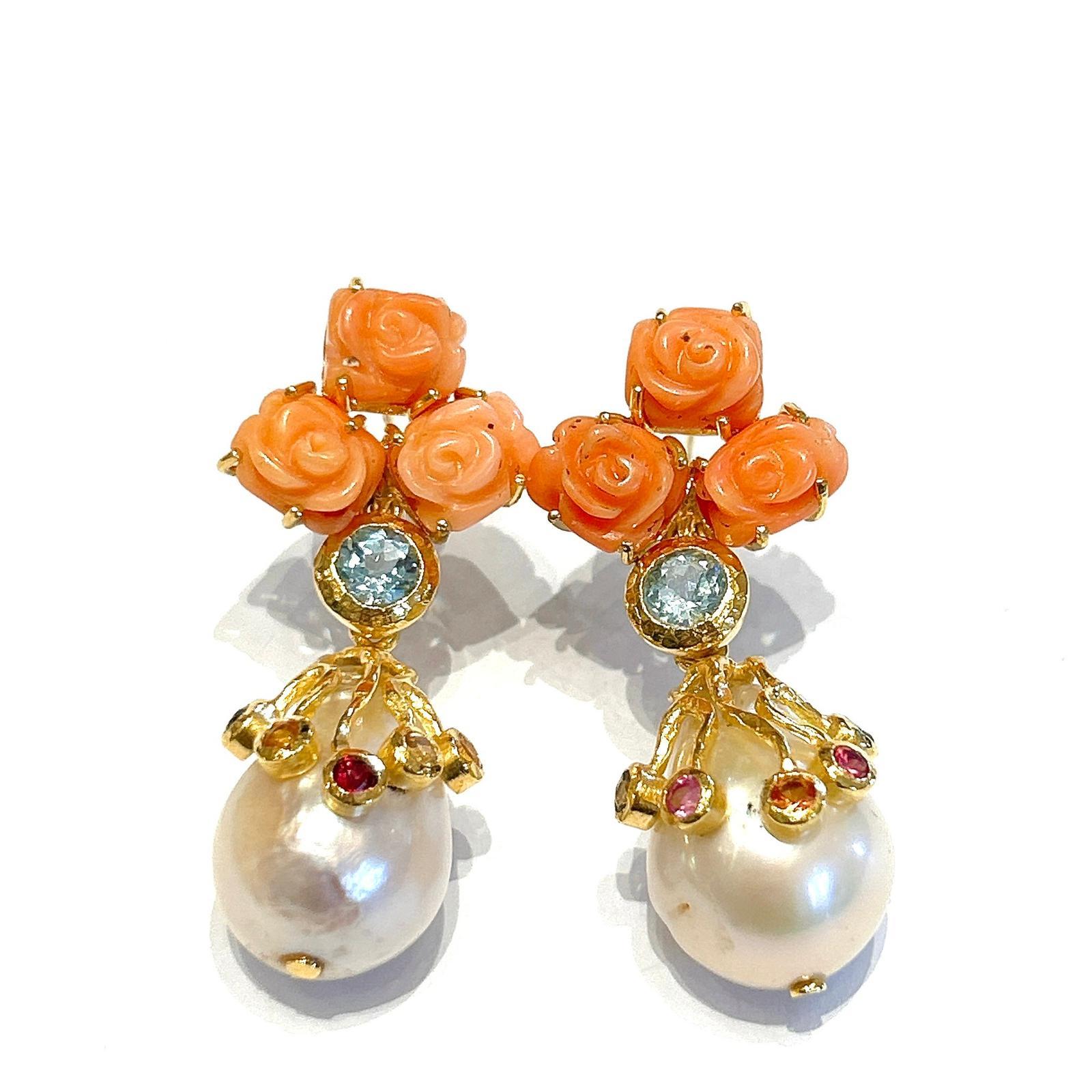Brilliant Cut Bochic “Orient” Pearl, Coral & Multi Fancy Sapphire Earrings Set 18KGold&Silver For Sale