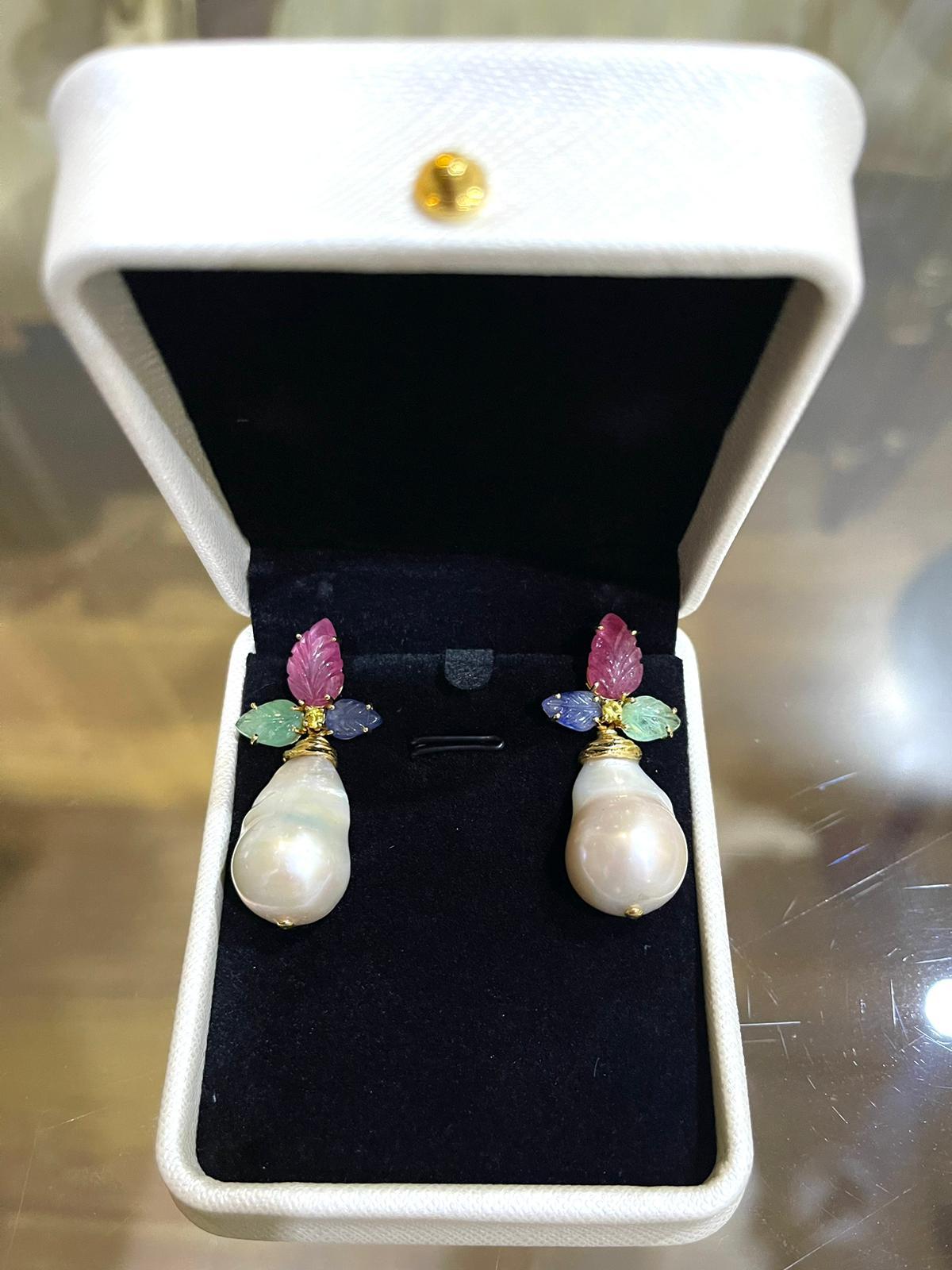 Bochic “Orient” Pearl, Coral & Multi Fancy Sapphire Earrings Set 18KGold&Silver In New Condition For Sale In New York, NY