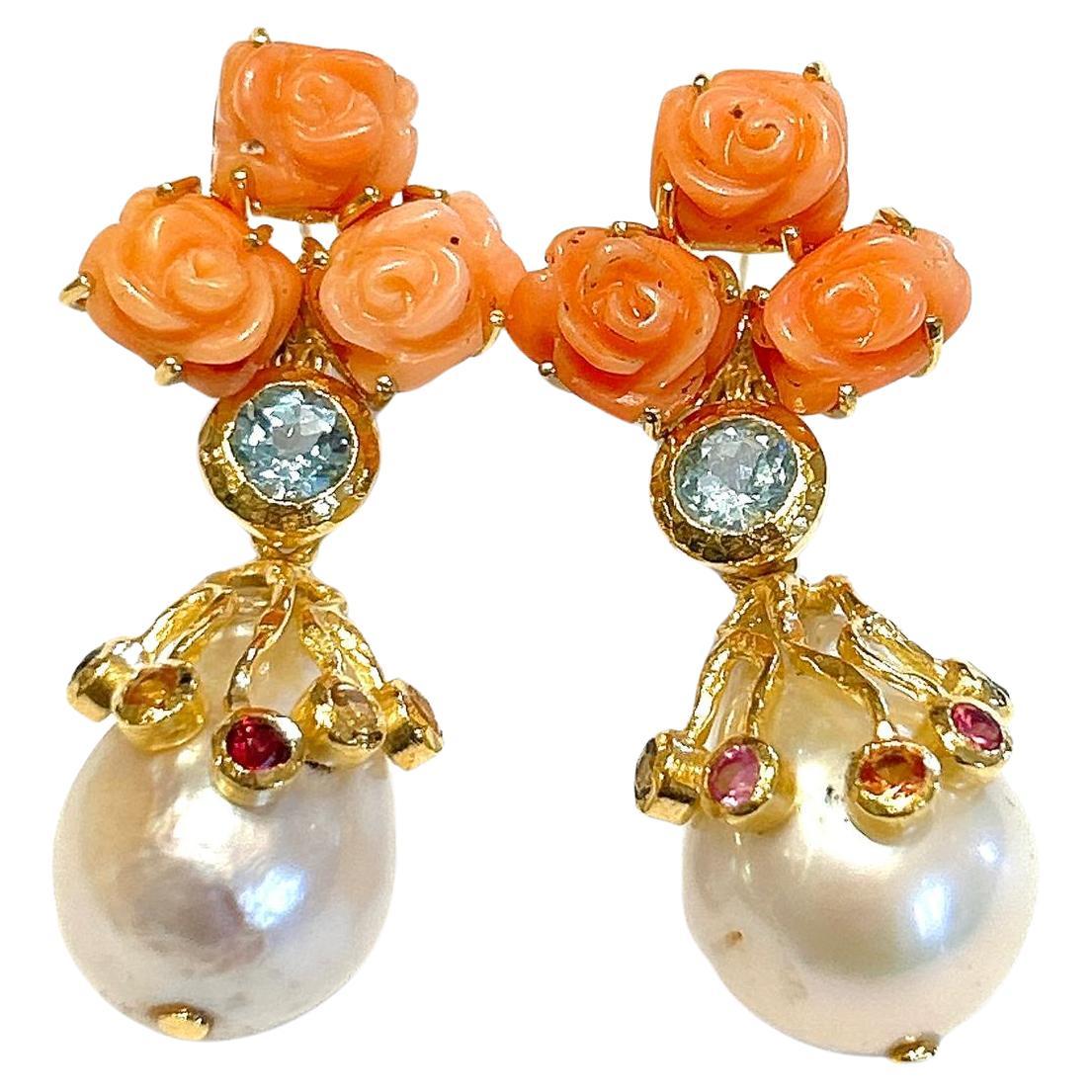 Bochic “Orient” Pearl, Coral & Multi Fancy Sapphire Earrings Set 18KGold&Silver For Sale