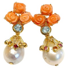 Bochic “Orient” Pearl, Coral & Multi Fancy Sapphire Earrings Set 18KGold&Silver 