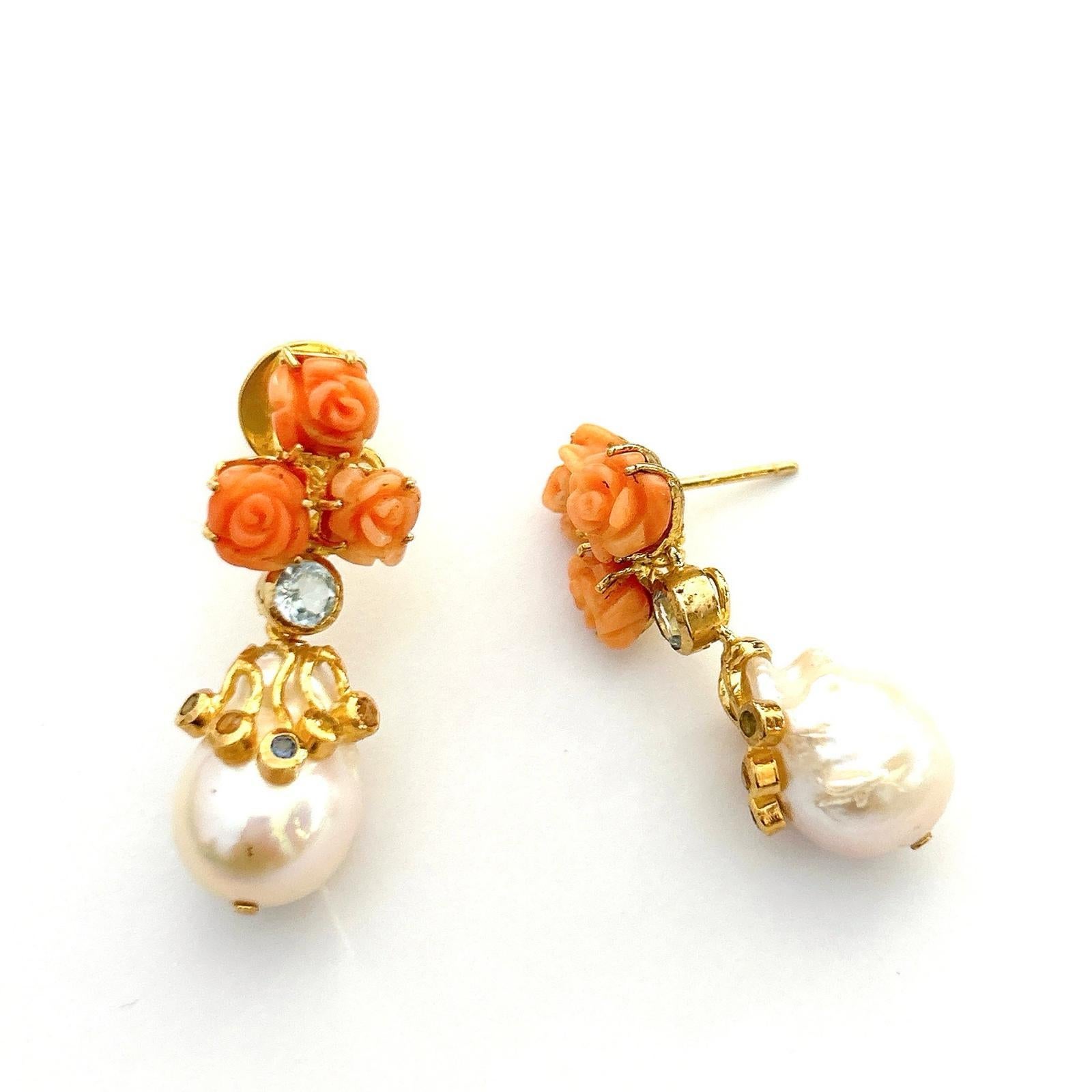 Bochic “Orient” Pearl, Coral & Multi Sapphire Earrings Set In 18K & Silver 

Natural White Topaz  - 2 carats 
Multi color Sapphires - 1 carat 
Salmon coral flowers 
South Sea Baroque pearl 

The earrings from the 