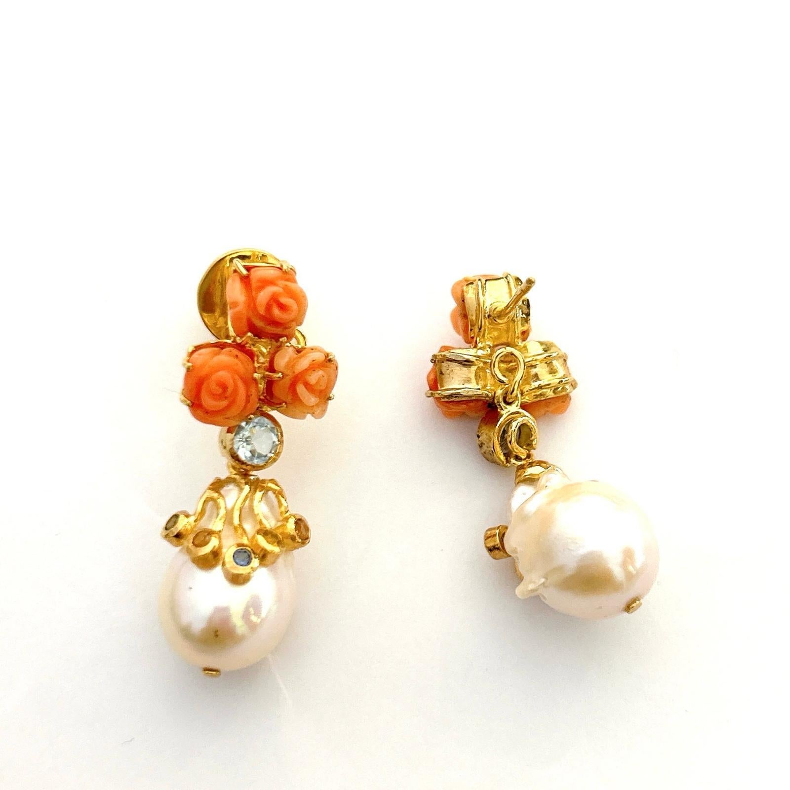 Baroque Bochic “Orient” Pearl, Coral & Multi Sapphire Earrings Set In 18K & Silver  For Sale