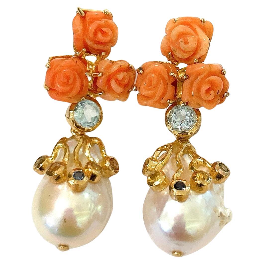 Bochic “Orient” Pearl, Coral & Multi Sapphire Earrings Set In 18K & Silver  For Sale