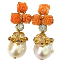 Used Bochic “Orient” Pearl, Coral & Multi Sapphire Earrings Set In 18K & Silver 