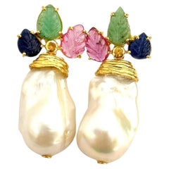 Juego de pendientes Bochic "Oriente" de perlas, esmeraldas, rubíes y zafiros Oro y plata de 18 quilates