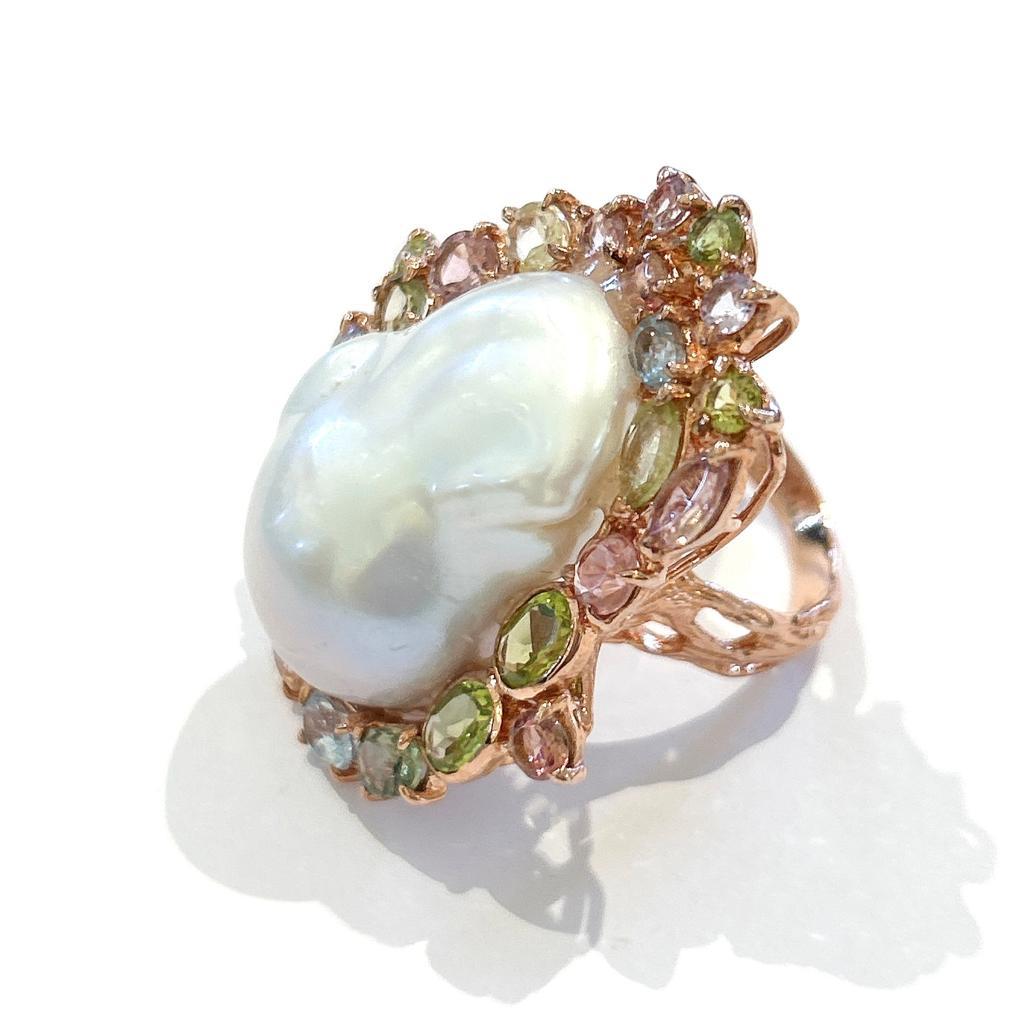 Art Nouveau Bochic “Orient” Pearl & Multi Color Natural Sapphires Set In 18K Gold & Silver  For Sale