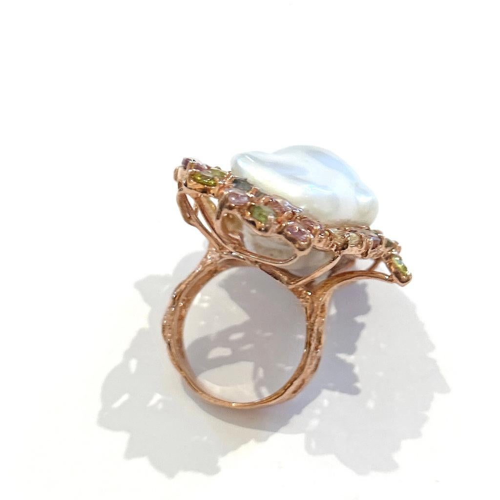 Brilliant Cut Bochic “Orient” Pearl & Multi Color Natural Sapphires Set In 18K Gold & Silver  For Sale