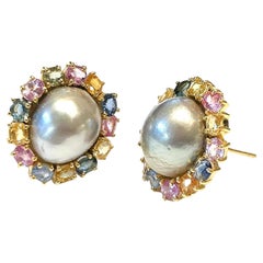 Bochic “Orient” Pearl & Multi Fancy Sapphire Earrings Set 18K Gold&Silver 