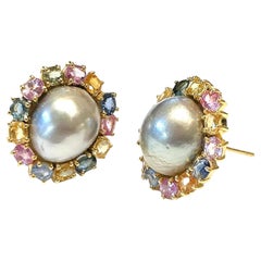 Bochic Boucles d'oreilles "Orient" perles et saphirs fantaisie or et argent 18K