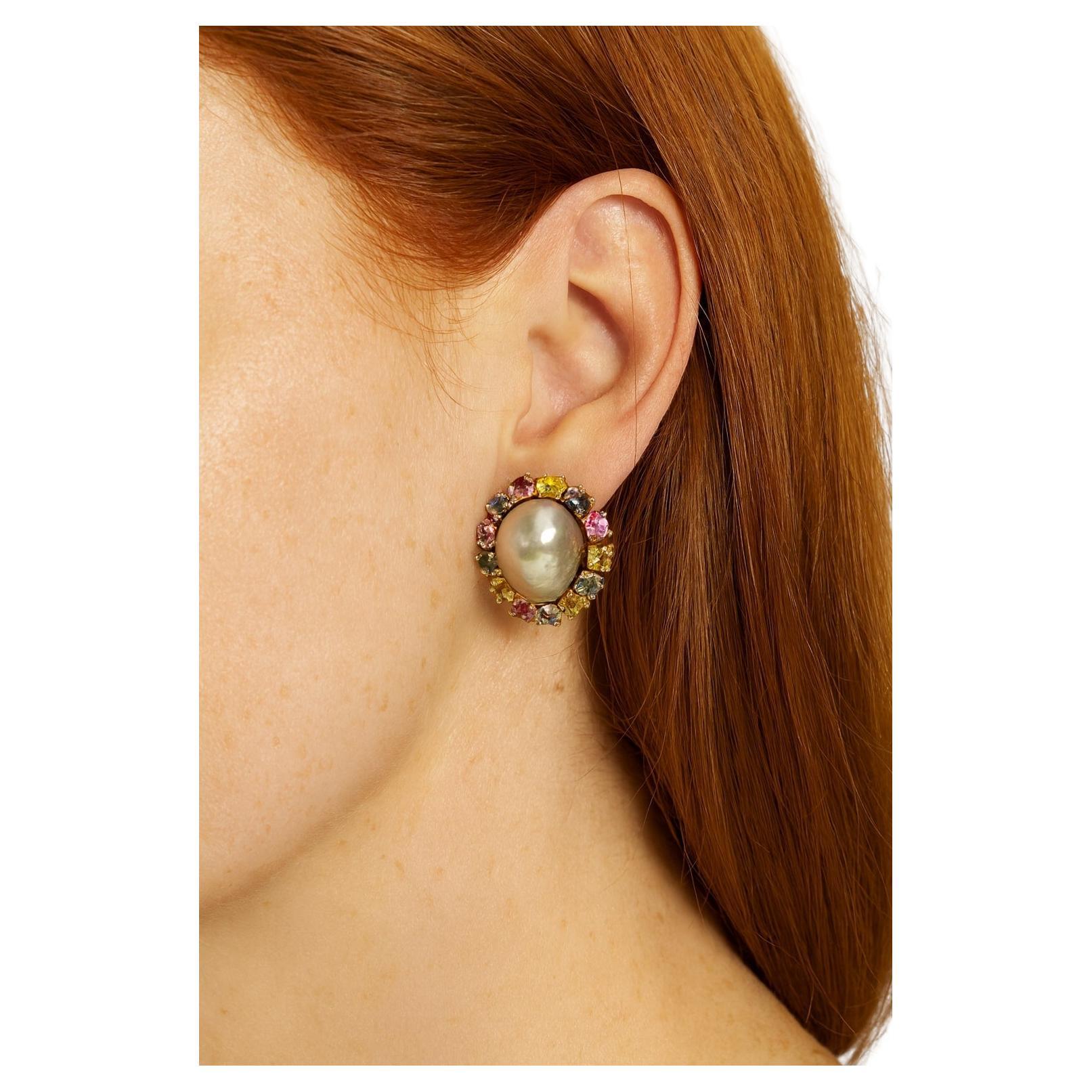 Bochic Boucles d'oreilles "Orient" perles et saphirs fantaisie or et argent 18K en vente