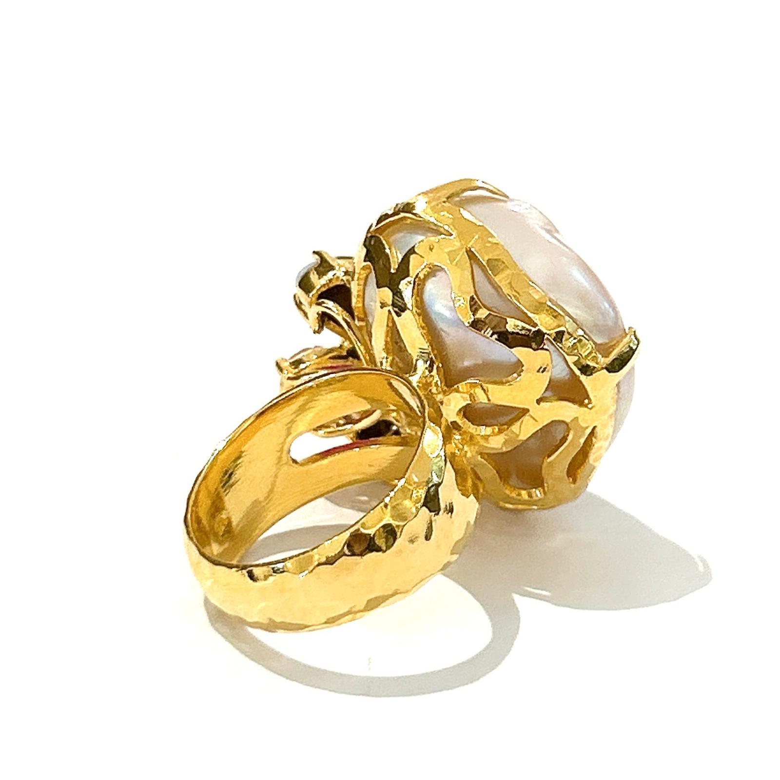 Baroque Bochic “Orient” Pearl & Multi Gem Vintage Cluster Ring Set 18K & Silver  For Sale