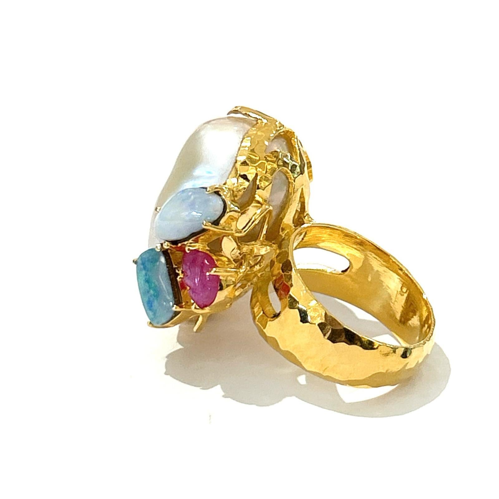 Pear Cut Bochic “Orient” Pearl & Multi Gem Vintage Cluster Ring Set 18K & Silver  For Sale