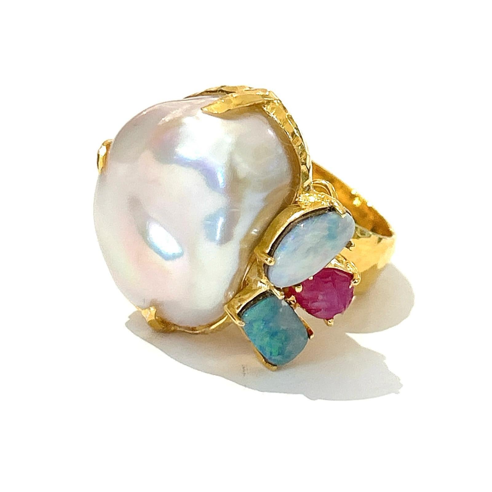 Bochic “Orient” Pearl & Multi Gem Vintage Cluster Ring Set 18K & Silver  In New Condition For Sale In New York, NY