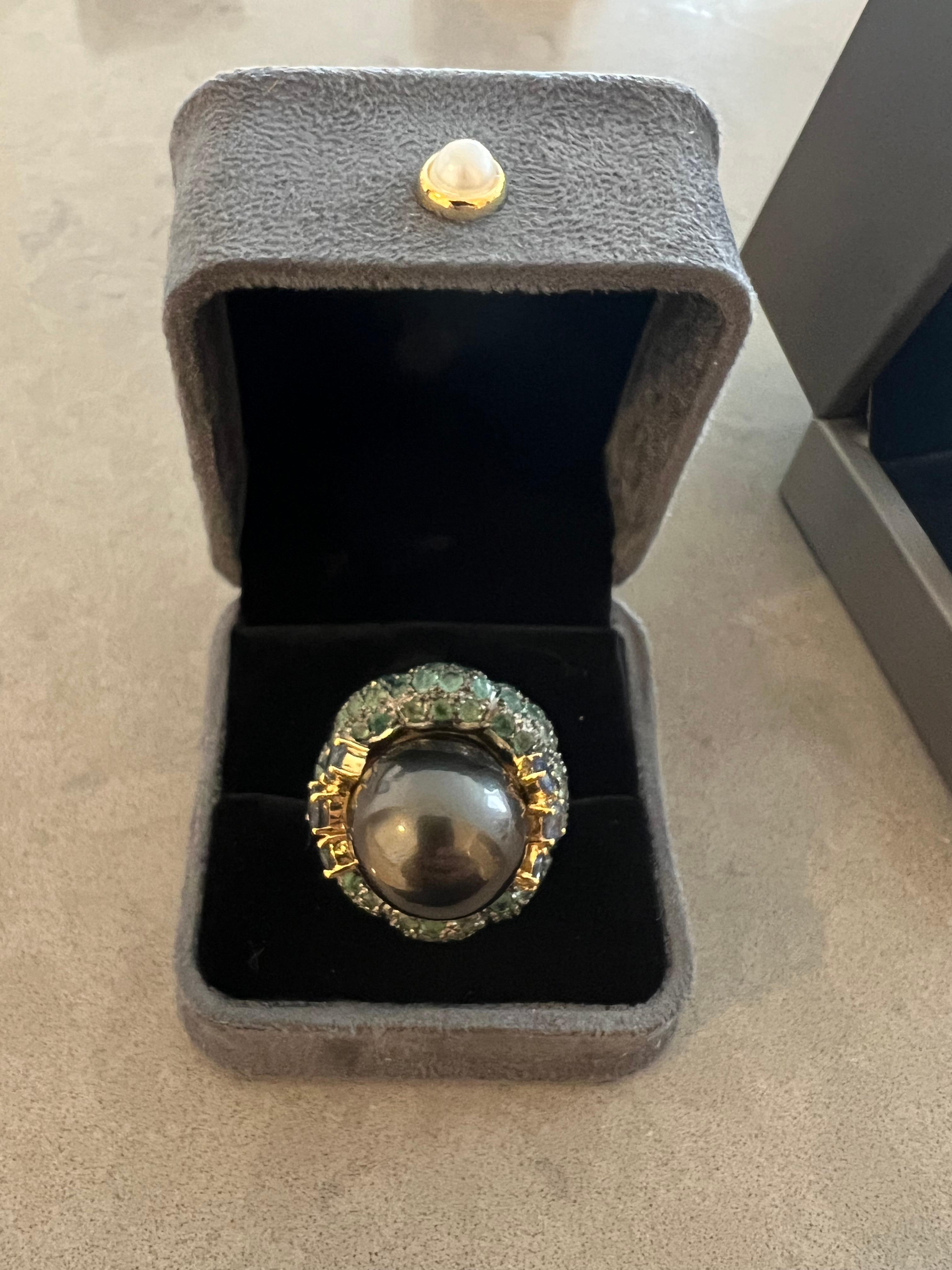 Bochic “Orient” Pearl & Multi Gem Vintage Cluster Ring Set 18K & Silver  For Sale 1