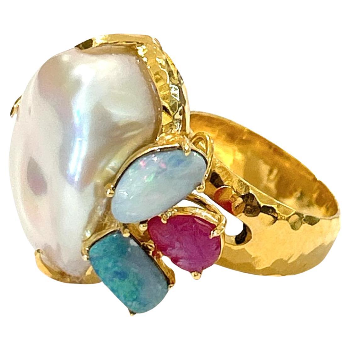 Bochic “Orient” Pearl & Multi Gem Vintage Cluster Ring Set 18K & Silver