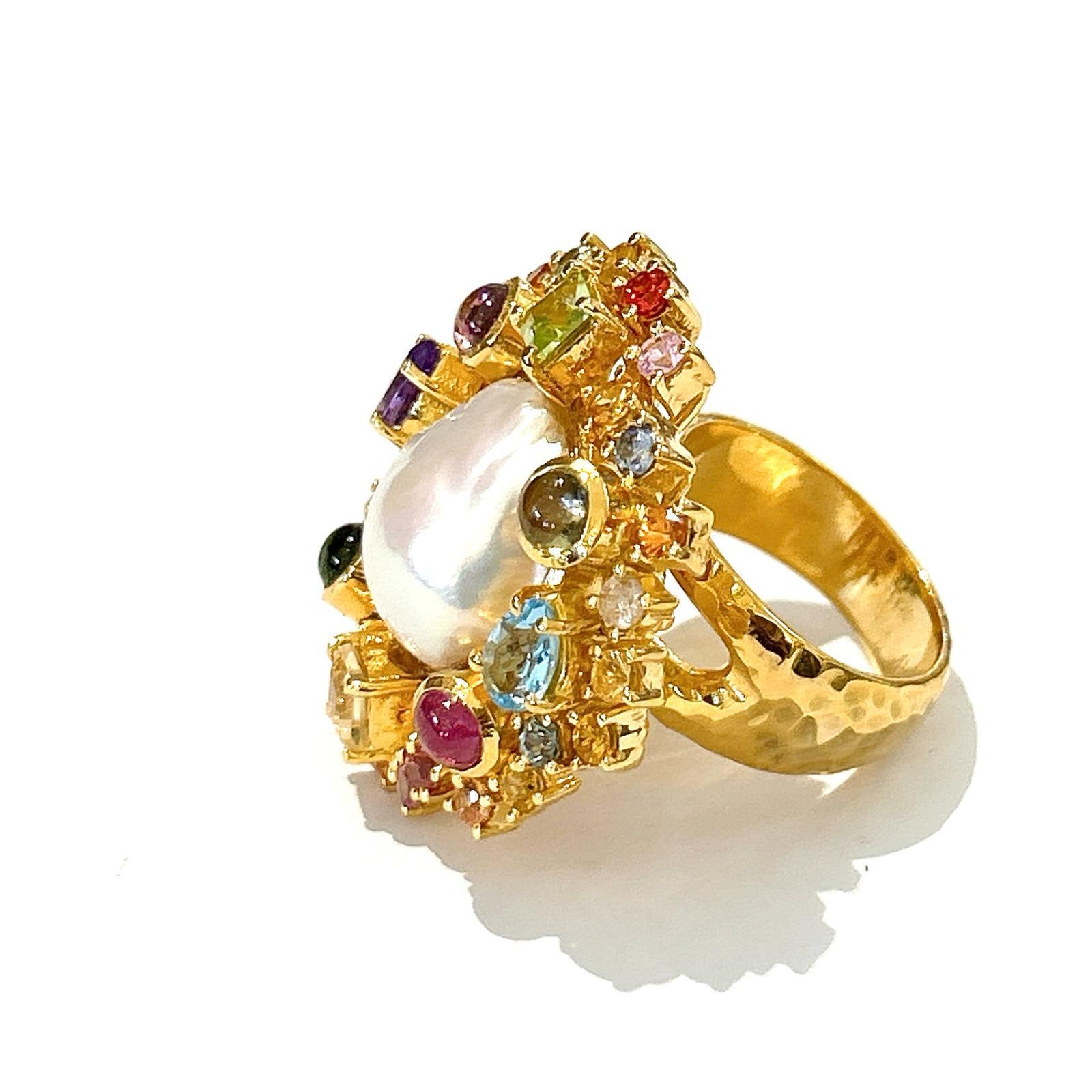 Bochic “Orient” Pearl & Multi Sapphire Vintage Cluster Ring Set 18K & Silver 

South sea pearl
Red natural ruby
Blue natural sapphire 
Pink natural sapphire 
Yellow natural sapphire 
Orange natural sapphire 
Green natural amethyst
Purple natural