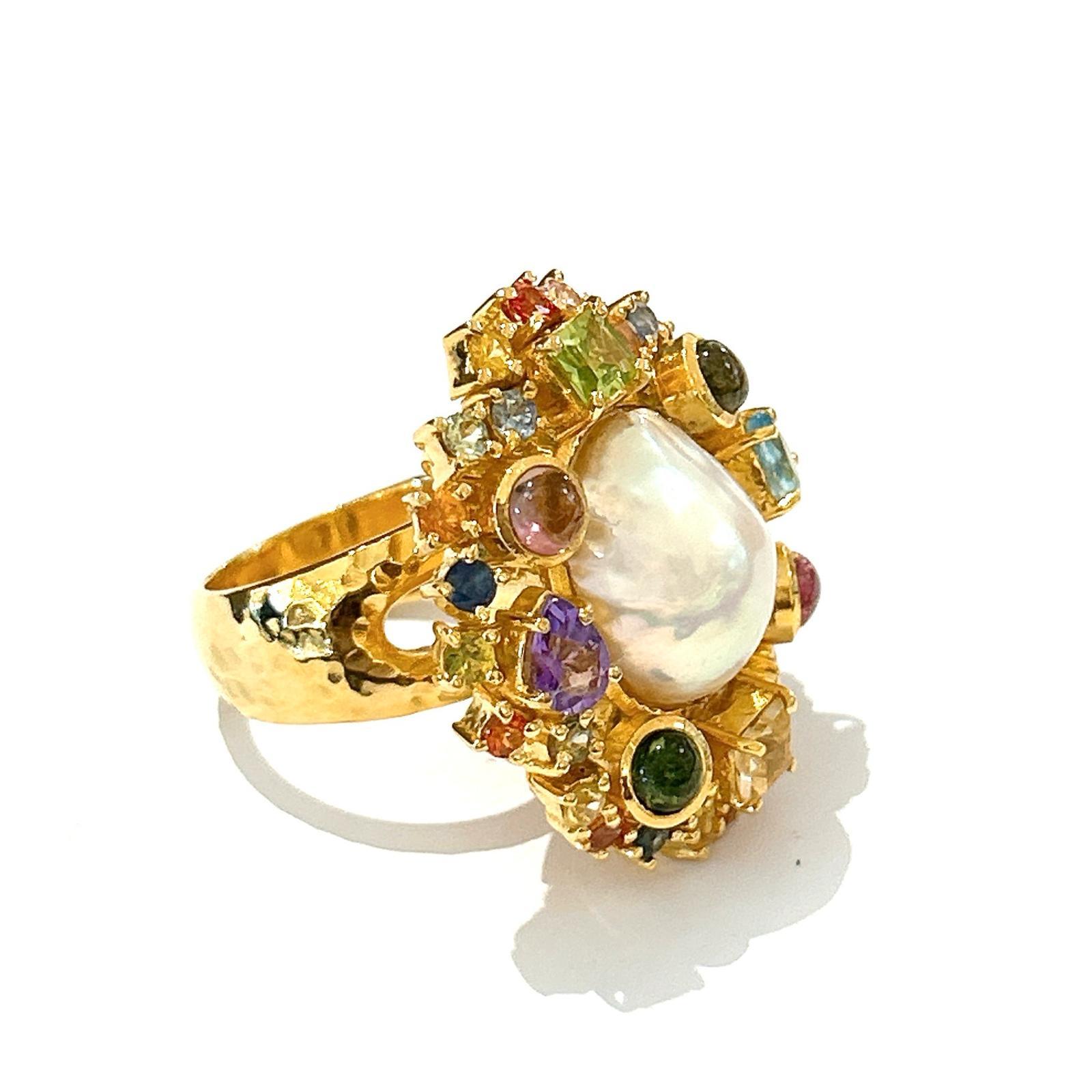 Baroque Bochic “Orient” Pearl & Multi Sapphire Vintage Cluster Ring Set 18K & Silver  For Sale